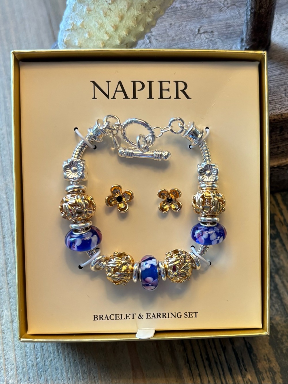 Napier Two-Tone Flowers Charm Bracelet and Earrings Set - Picture 3 of 5